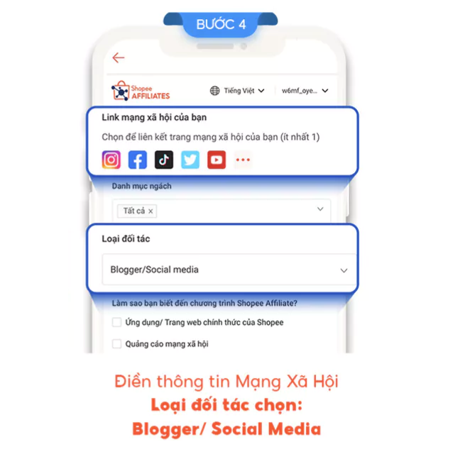 đăng ký tài khoản Tiếp thị liên kết Shopee trên điện thoại